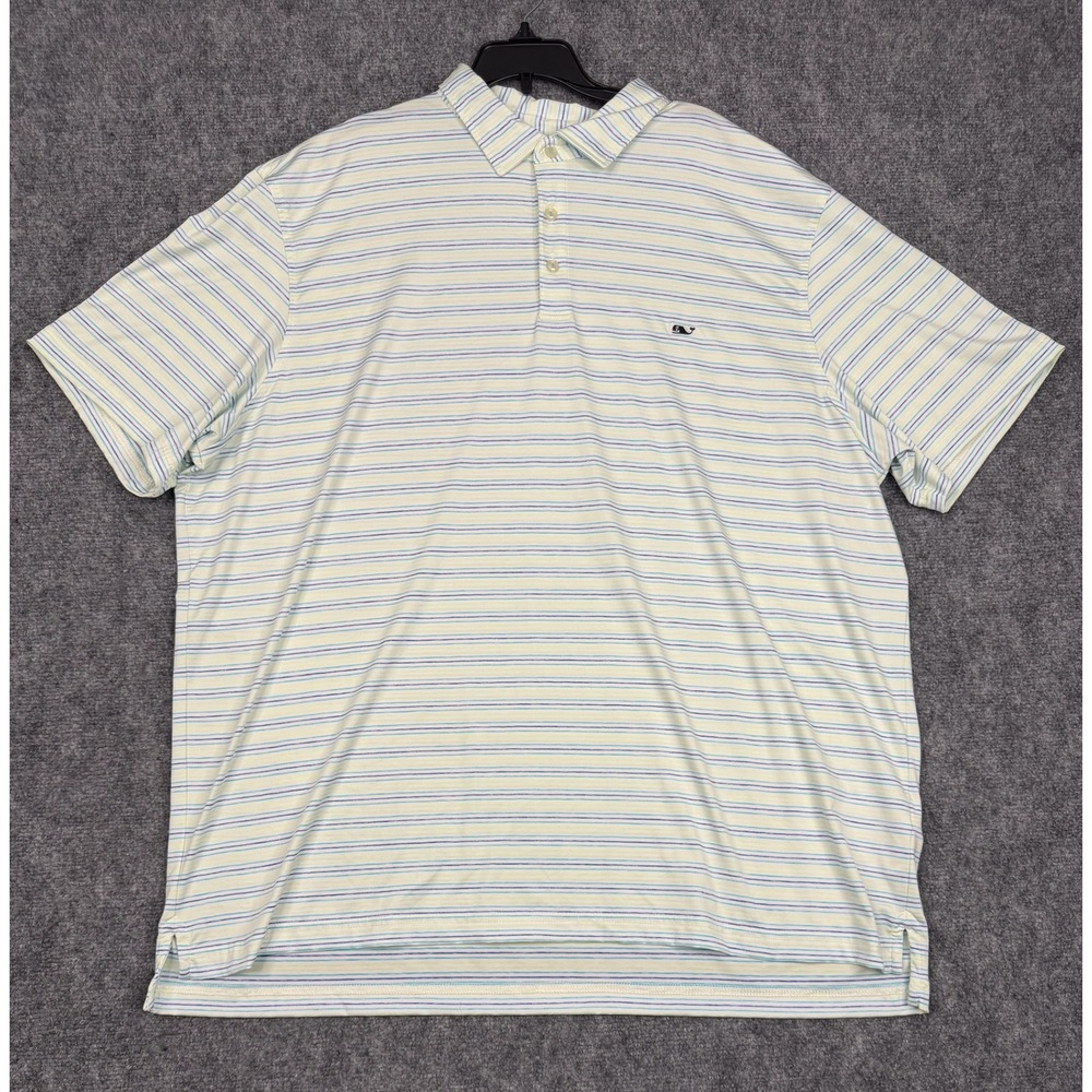 Vineyard Vines Performance Polo Mens XXL Blue Green Yellow Striped Short Sleeve
